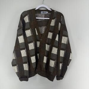 VTG Lavane Cardigan Sweater Mens XXL Brown Beige Neutral Checkered Plaid Grandpa